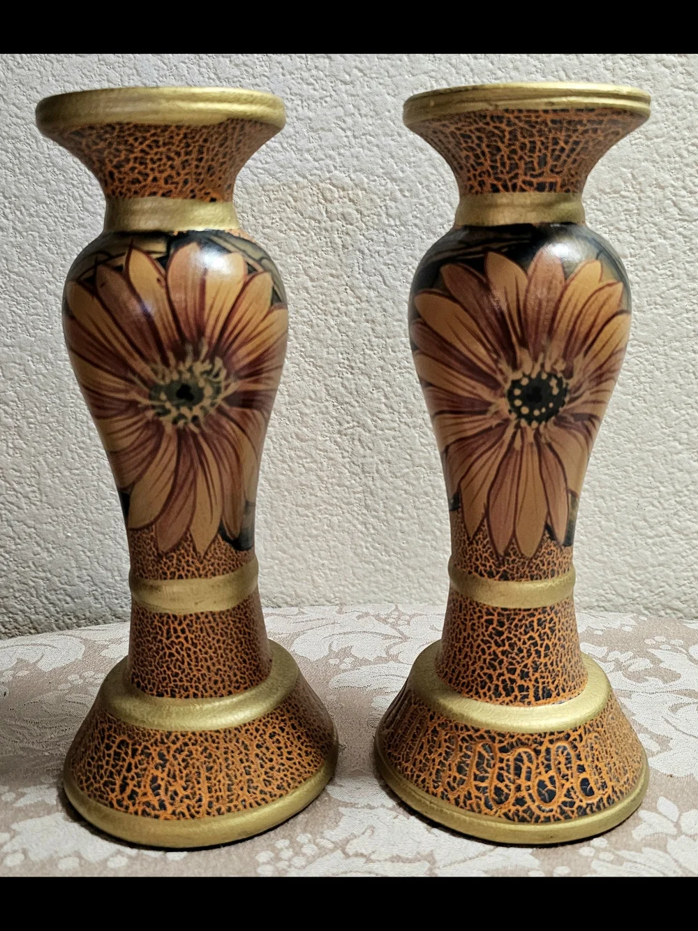 Boho Ceramic Candlestick Holders Hand Painted Sunflower Motif Crackle Glaze Gold